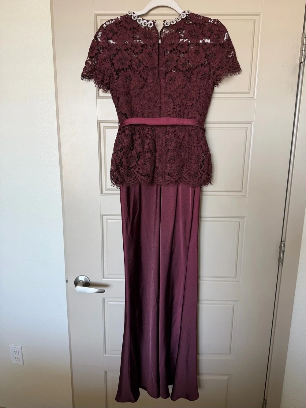 SELF PORTRAIT BELTED LACE AND SATIN MAXI DRESS